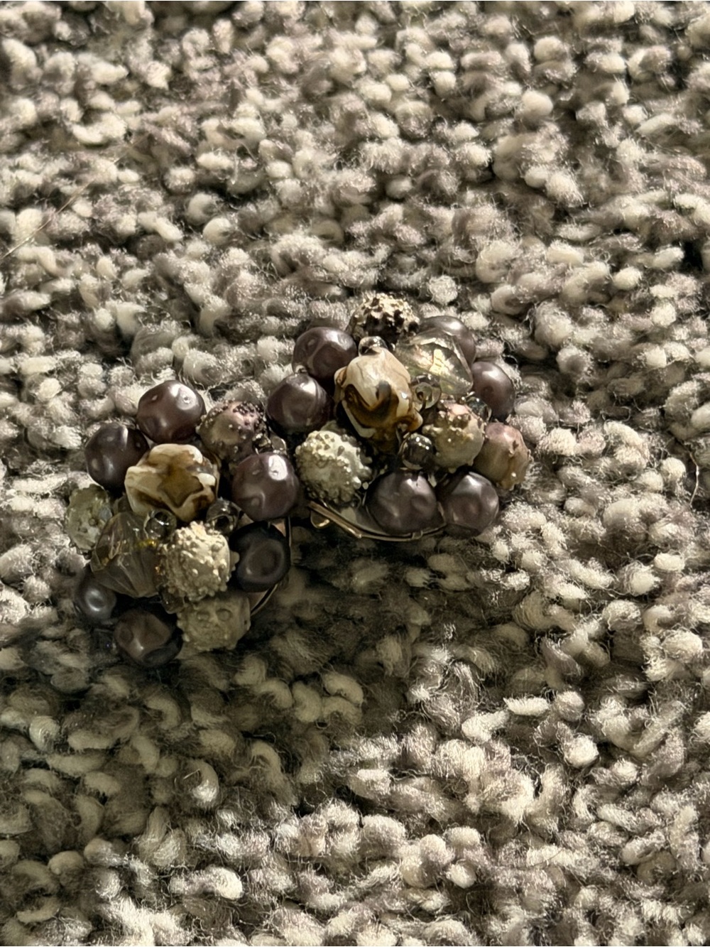 Beaded Cluster Clip-On Earrings - Purple & cream Tones vintage mid century